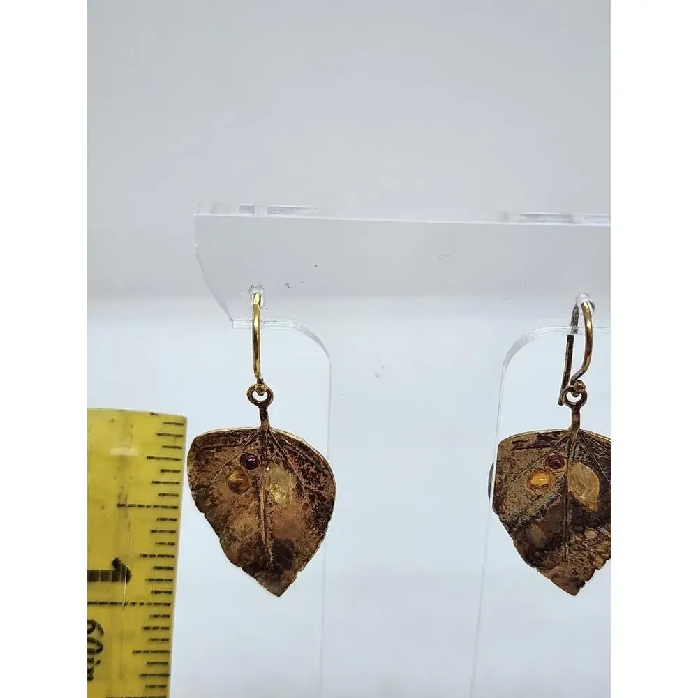 Vintage 14k Gold on 925 Sterling Silver Leaf Shaped Earrings YAM Israel